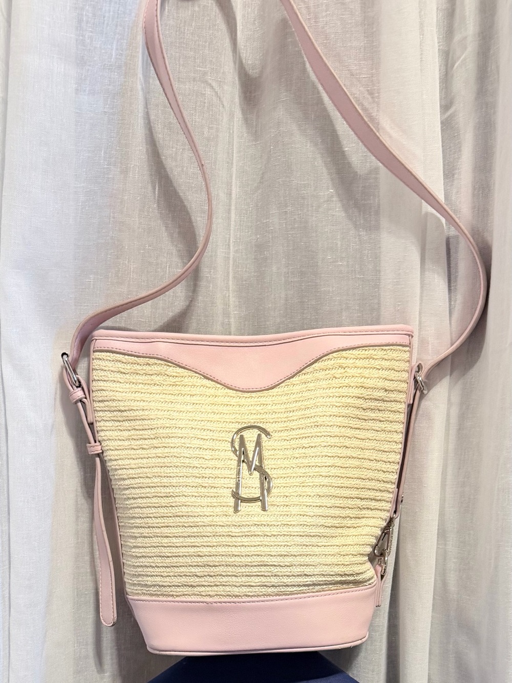 Steve Madden Pink & Cream Straw Crossbody Bag